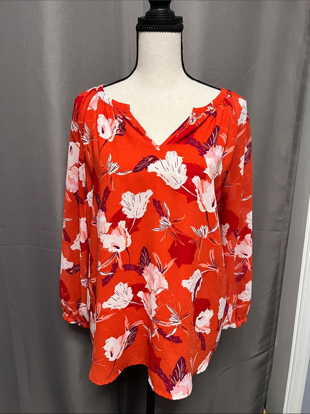 Vibrant Red Floral V-Neck Blouse